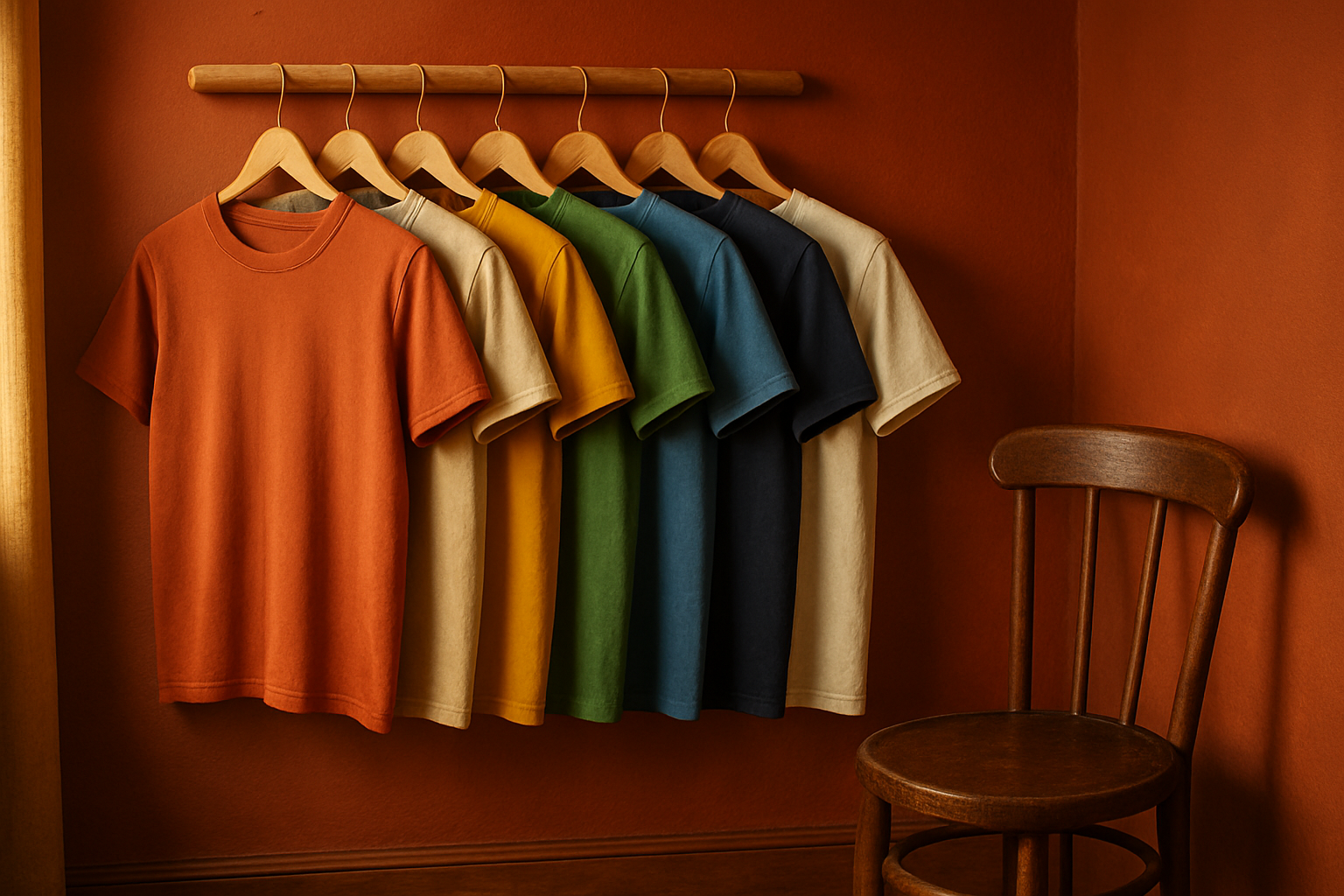 t-shirts handing to a hanger in a cozy corner with red backdrop